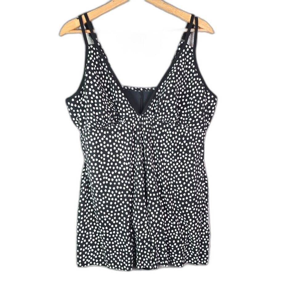 Trimshaper Swimdress 20W Black Polka Dot Tummy Control V Neck Skirted